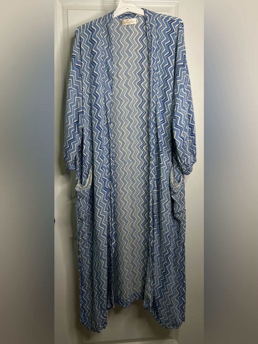 Natalie Martin Blue White Zig Zag Rayon Duster Robe Cover-Up Small Artisan Boho
